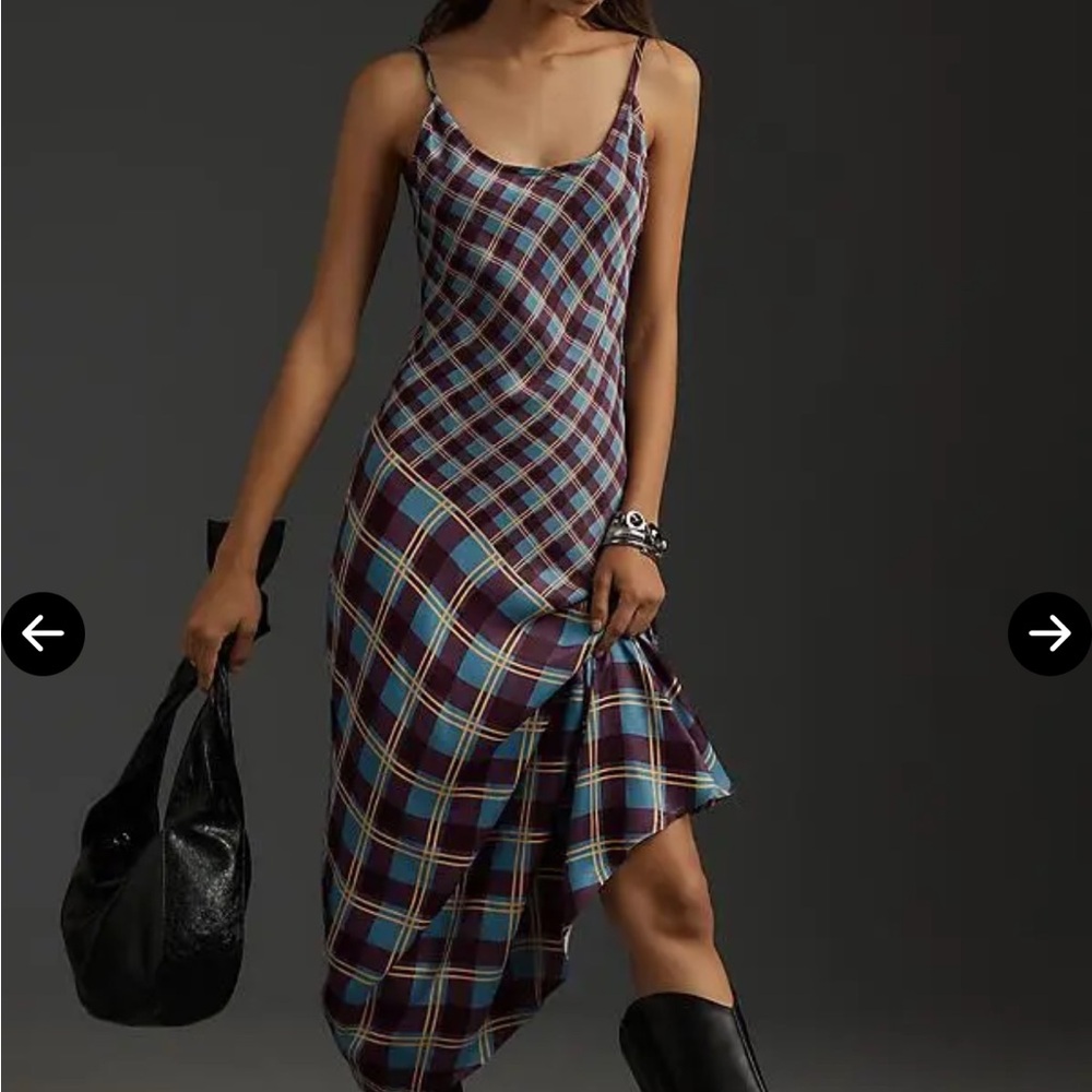 Plaid Slip Midi Dress in Blue and Burgundy - Women's Maxi Dress